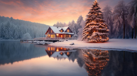 Christmas house and Christmas tree near the lake in winterの素材