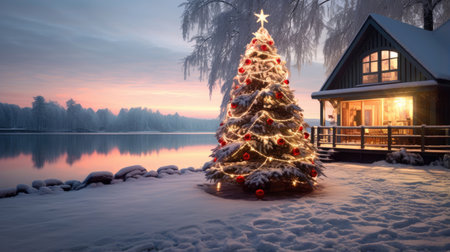 Christmas house and Christmas tree near the lake in winterの素材