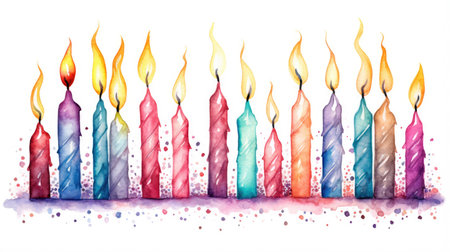 Colorful birthday candles watercolor illustration on white backgroundの素材
