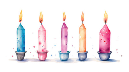 Colorful birthday candles watercolor illustration on white backgroundの素材