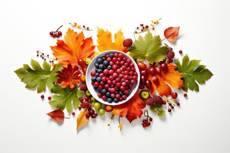 Autumn composition of leaves and berries on a white backgroundの素材