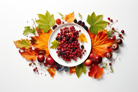 Autumn composition of leaves and berries on a white backgroundの素材