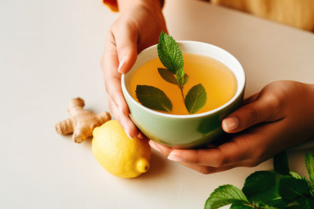 Cup of ginger tea with lemon, honey and mintの素材