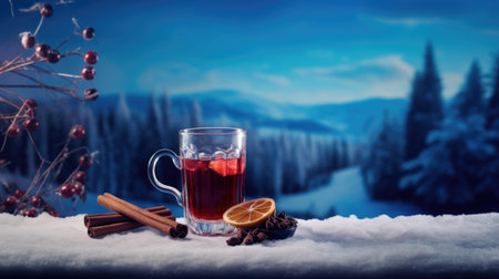 A glass of mulled wine on a winter mountain backgroundの素材