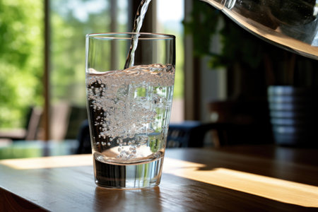 Filling a glass cup from a kitchen faucetの素材