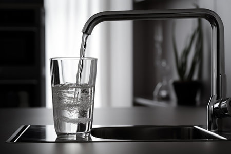Filling a glass cup from a kitchen faucetの素材