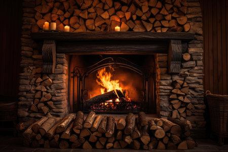 Fireplace with burning woodの素材