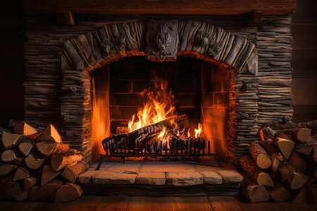 Fireplace with burning woodの素材