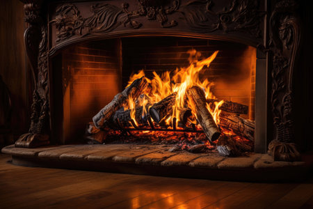 Fireplace with burning woodの素材