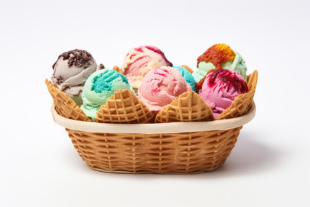 Multicolored ice cream dessert in a small faffle basket on a white backgroundの素材