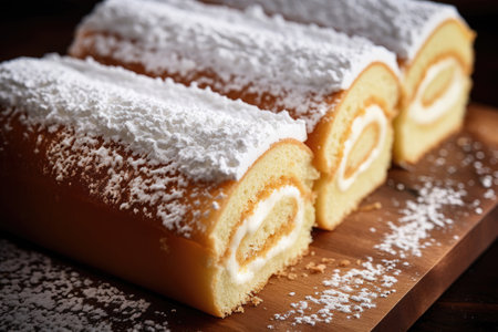Slices of cream Swiss roll close upの素材