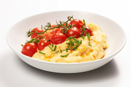 Dish of Scrambled eggs with tomatoes on a white backgroundの素材