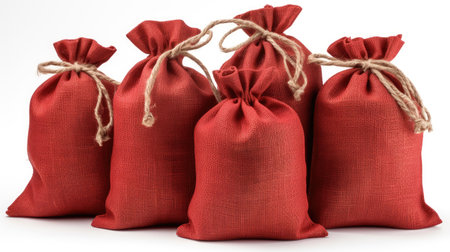 Set of Christmas red burlap sacks on white backgroundの素材
