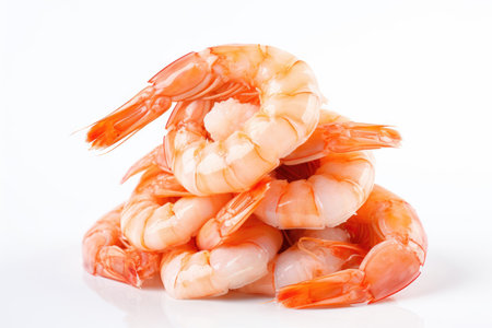 Stack of boiled shrimp on white backgroundの素材