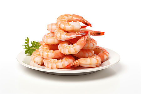 Stack of boiled shrimp on white backgroundの素材