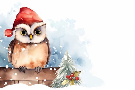 Watercolor image of Christmas card with a cute owl wearing a Santa hat with free space for your textの素材