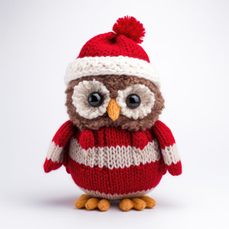 Knitted wool owl wearing a Santa hat on white backgroundの素材