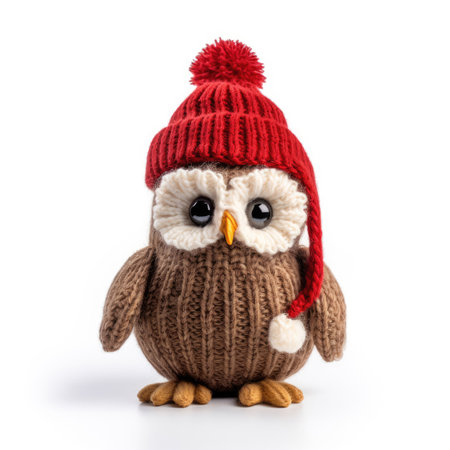 Knitted wool owl wearing a Santa hat on white backgroundの素材