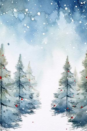Watercolor Greeting card of Christmas trees in the forestの素材