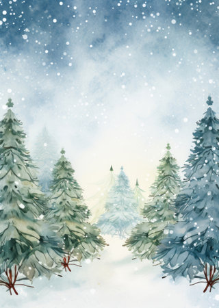 Watercolor Greeting card of Christmas trees in the forestの素材
