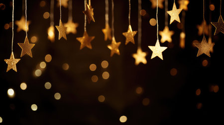 Hanging gold stars on a dark backgroundの素材