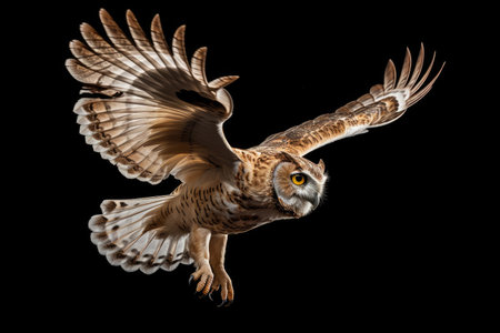 Flying owl on a black backgroundの素材