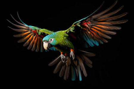 Flying parrot on black backgroundの素材