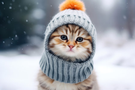 Kitten in a knitted woolen hat in winterの素材