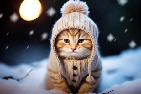 Kitten in a knitted woolen hat in winterの素材