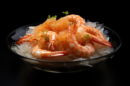 Peeled shrimps dish on a black backgroundの素材