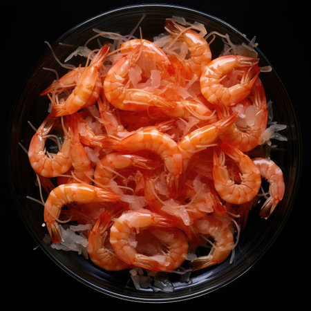 Peeled shrimps dish on a black backgroundの素材