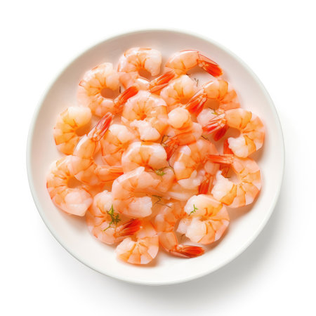 Peeled shrimps dish on a white backgroundの素材