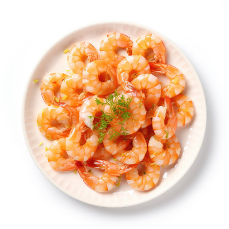 Peeled shrimps dish on a white backgroundの素材
