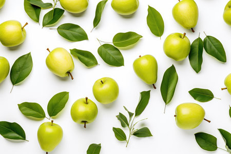 Background of apples with green leavesの素材
