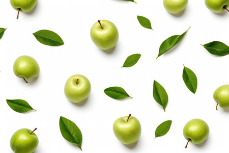 Background of apples with green leavesの素材