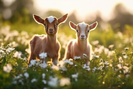 Little funny baby goats in the wildの素材