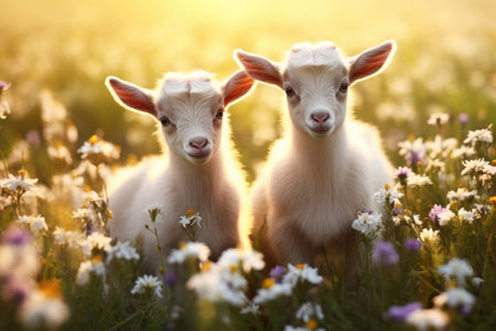 Little funny baby goats in the wildの素材