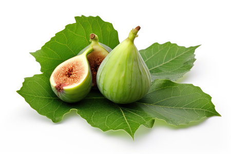 Ripe appetizing figs with green leaves on a white backgroundの素材