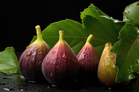 Ripe appetizing figs with green leavesの素材