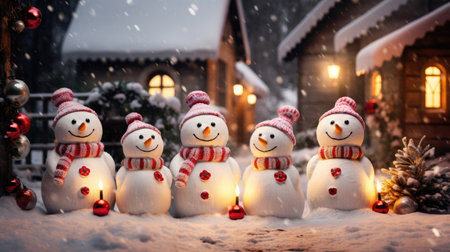 Funny snowmen in a small village at Christmasの素材