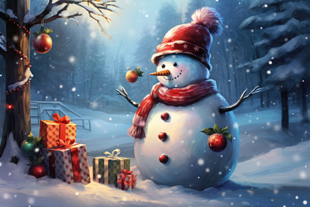 Christmas snowman outdoors at nightの素材