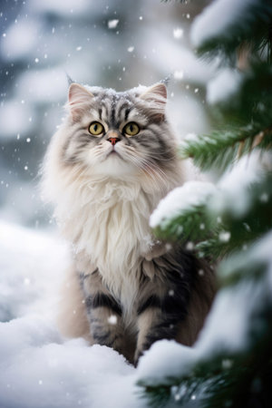 Cute cat on a Christmas backgroundの素材