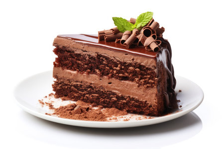 Slice of chocolate cake on white backgroundの素材