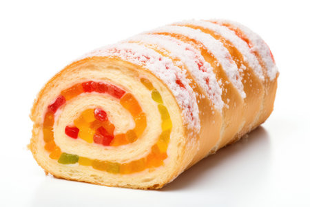 Slice of Danish roll with pieces of marmalade on white backgroundの素材
