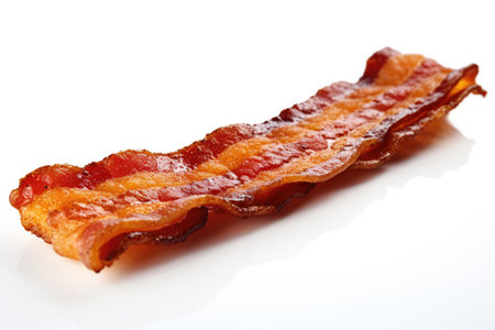 Fried bacon strips on white backgroundの素材