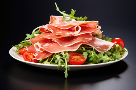 Sliced ham with arugula leavesの素材
