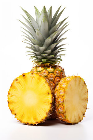 Whole and half pineapple on white backgroundの素材