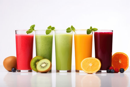 Set of fruit and vegetable and berries juice on white backgroundの素材