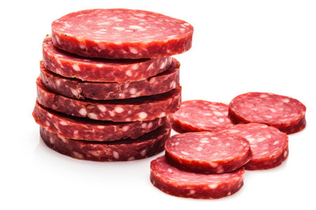 Slices of cured sausage on white backgroundの素材