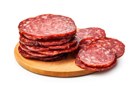 Slices of cured sausage on white backgroundの素材
